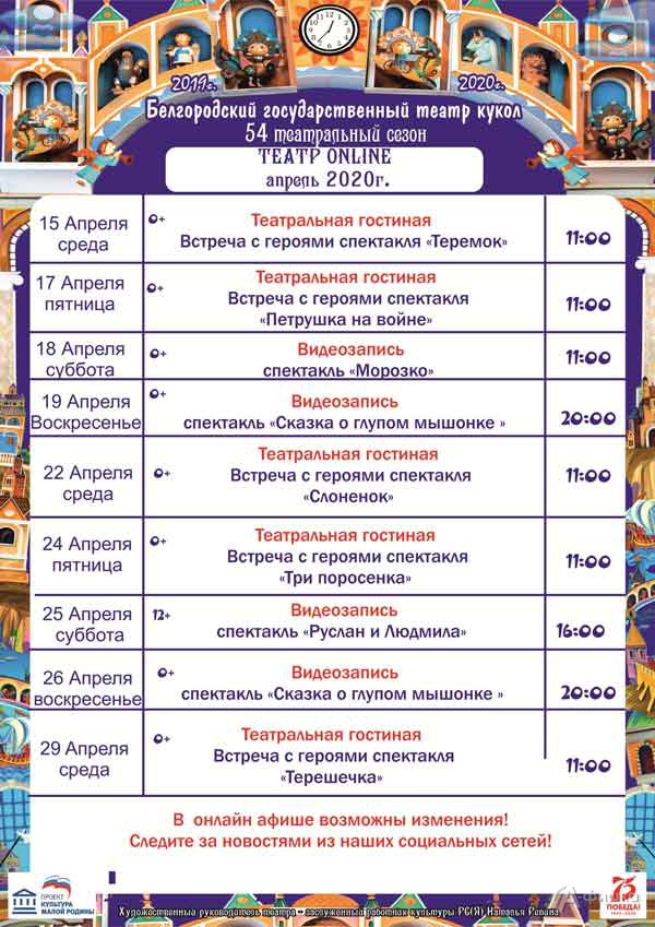 Расписание онлайн-трансляций Театра кукол с 15 по 29 апреля: Детская афиша Белгорода