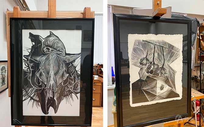 Яна Серпухова: Натюрморт с мухой (бумага авторского литья), Нравственный закон внутри нас (бумага, линогравюра)