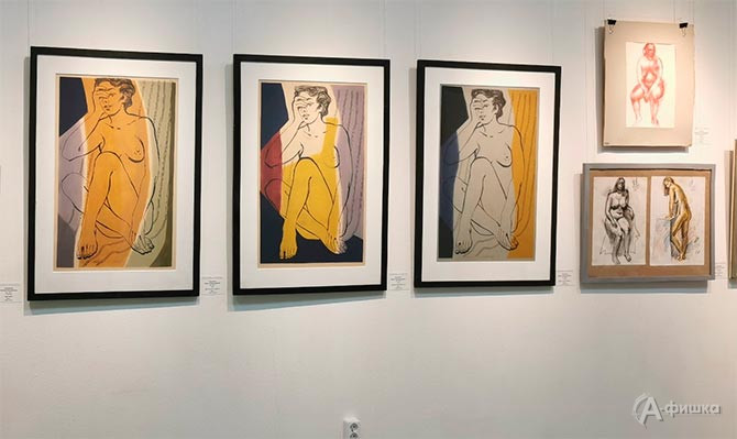 Гравюры на картоне курского художника Бориса Грошенко, демонстрирующие варианты цветовых решений одной и той же композиции с обнажённой моделью.