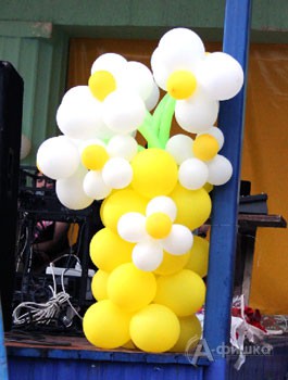 Такое оформление сцены воздушными шарами не случайно: символ праздника – ромашка